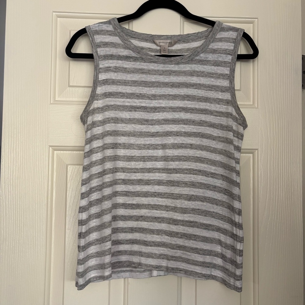 Banana Republic Gray and White Striped Linen Tank